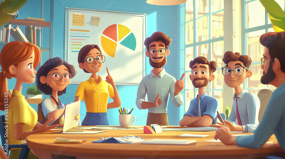 Poster cartoon style meeting with a group of animated characters around a conference table, one character p