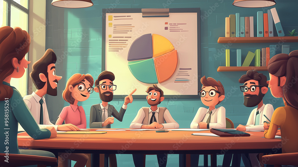 Poster cartoon style meeting with a group of animated characters around a conference table, one character p