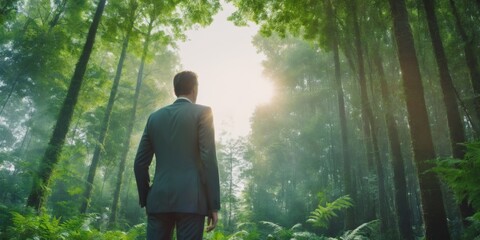 Serious man in suit standing in lush forest with buildings in ba