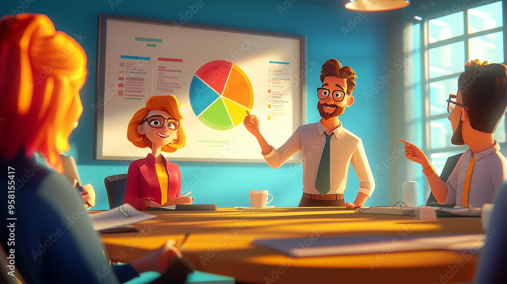Poster cartoon style meeting with a group of animated characters around a conference table, one character p