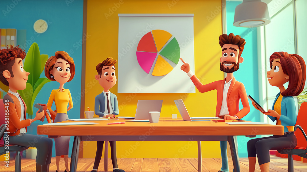 Poster cartoon style meeting with a group of animated characters around a conference table, one character p