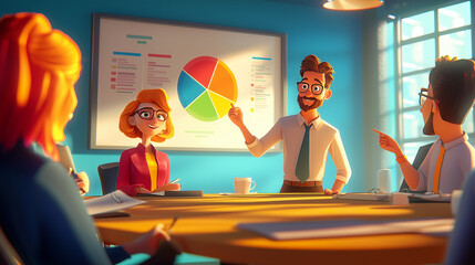 Cartoon style meeting with a group of animated characters around a conference table, one character pointing at a pie chart on the wall