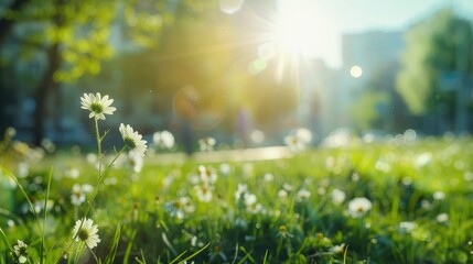 Obraz premium Beautiful spring grass with small daisies and people walking in the city, low angle shot, green grass meadow, business office buildings in the background, depth of field, sunny day.