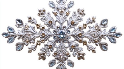 Ornate Silver Snowflake Ornament with Blue and Gold Rhinestones
