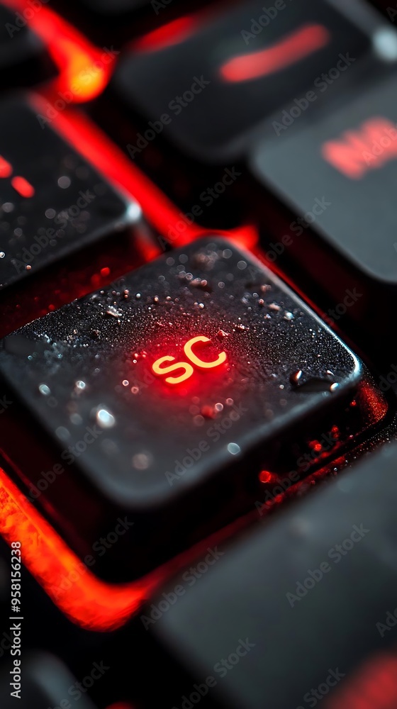 Poster red illuminated keyboard key - close-up macro photo