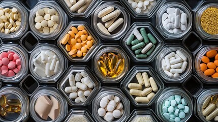 Capsules and Pills in Honeycomb: Various capsules and pills, including dietary supplements and medicines, arranged in hexagonal jars to form a honeycomb pattern