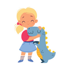 Girl Character Play Toy Fluffy Dinosaur Vector Illustration