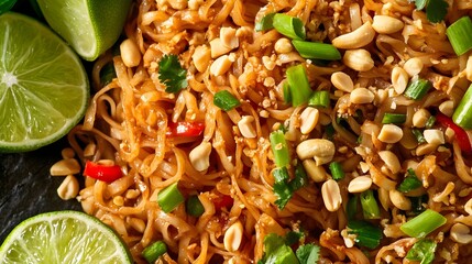 Vibrant Close-up of Flavorful Pad Thai Noodles with Garnishes
