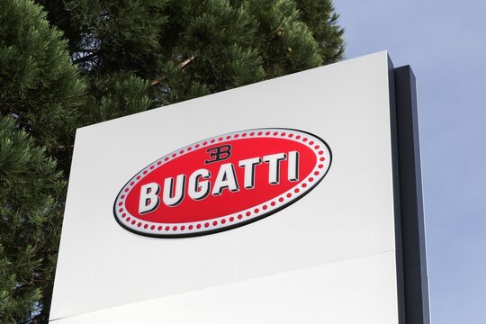 Geneva, Switzerland - October 1, 2017: Bugatti logo on a panel. Automobiles Bugatti is a French car manufacturer of high-performance automobiles, founded in 1909 in Molsheim, France