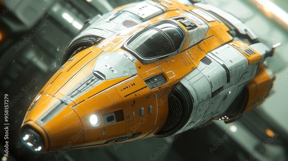 Aufkleber futuristic yellow and grey spaceship with a large cockpit window