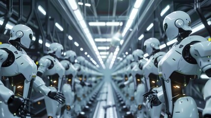 Fototapeta premium Operators control robotic arms on assembly lines. Background for advertising the development of modern technologies, innovations and automation of production processes.