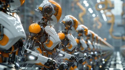 Fototapeta premium Operators control robotic arms on assembly lines. Background for advertising the development of modern technologies, innovations and automation of production processes.