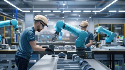Operators control robotic arms on assembly lines. Background for advertising the development of modern technologies, innovations and automation of production processes.