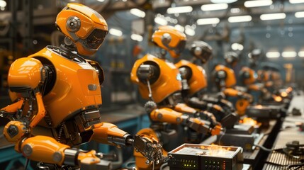 Fototapeta premium Operators control robotic arms on assembly lines. Background for advertising the development of modern technologies, innovations and automation of production processes.