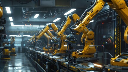 Operators control robotic arms on assembly lines. Background for advertising the development of modern technologies, innovations and automation of production processes.