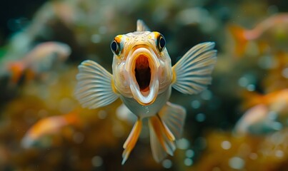 A fish with wide open mouth and big eyes, Surprised, shocked or amazed face front view. 