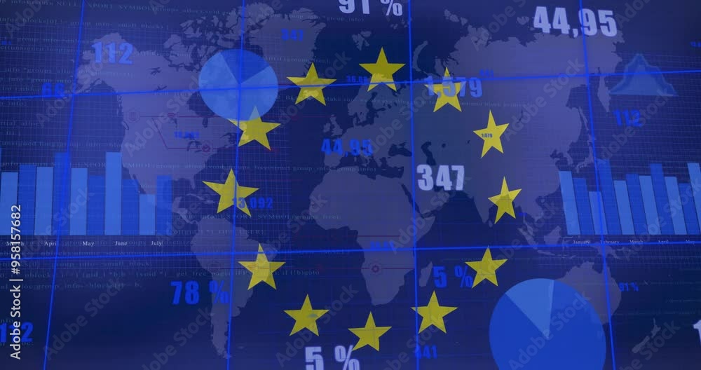Poster european union stars animation over world map with financial data and charts