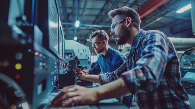 Workers programming CNC machines. Advertising background. Manufacturing processes of factories and plants.