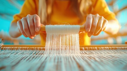 Hands demonstrating workmanship while weaving cotton strands on a loom