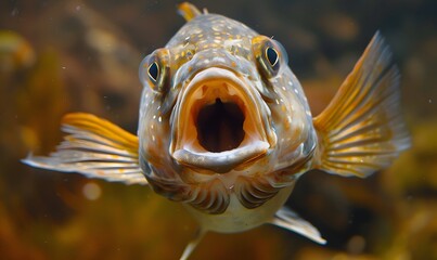 A fish with wide open mouth and big eyes, Surprised, shocked or amazed face front view. 