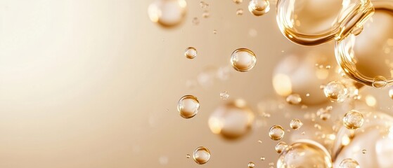 Close-up of shimmering gold beauty serum bubbles, with a soft glow emphasizing luxury and sophistication, ideal for high-end cosmetic branding