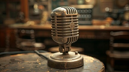 Vintage Microphone with Chrome Finish on a Wooden Table
