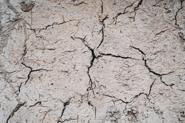 The texture of dirt and straw used for a primitive building structure.