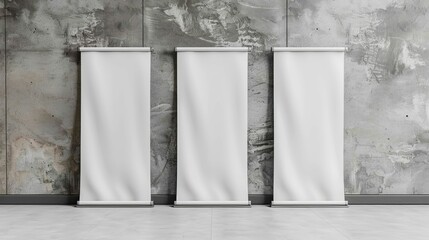 Three blank roll-up banners stand against a textured concrete wall, perfect for showcasing designs or promotional content.