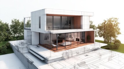A detailed 3D blueprint of a modern residential home, showcasing the layout and architectural features.