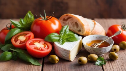 Red Tomatoes, Basil, Cheese, Baguette, Honey, Olives, Parsley