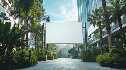A blank billboard amidst lush greenery and modern buildings, offering a serene urban retreat with natural surroundings.