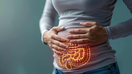 A close-up of a person holding their abdomen, illuminated with a glowing representation of the digestive system, symbolizing health.