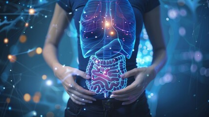 A futuristic depiction of the human anatomy, showcasing the lungs and intestines with glowing digital effects.