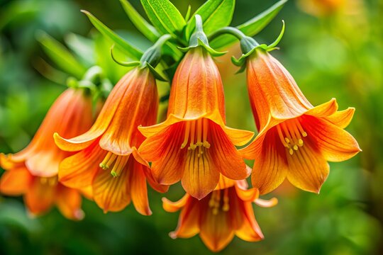 A photo image of a vibrant orange hells bells flower with dainty yellow centers and fuzzy, velvety texture, set against a blurred background of lush greenery.