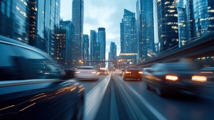 POV from a car on a busy urban highway, motion blur of passing vehicles, city skyline in the background, capturing the fast-paced travel