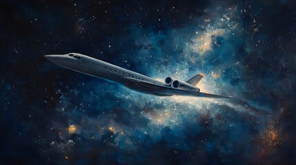 Fototapeta premium An oil painting of a sleek plane slicing through a star-filled night, the darkness lit by starlight and the plane's soft glow, creating a dreamlike atmosphere