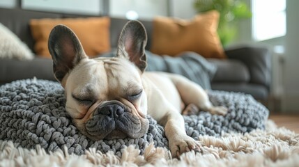 A peaceful French Bulldog resting comfortably on a cozy blanket in a modern living room, surrounded by a warm and inviting atmosphere.