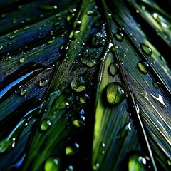 Raindrops gently resting on a leaf's surface, with a focus on the intricate patterns and textures of the plant, bringing a calm and fresh aesthetic to the image.