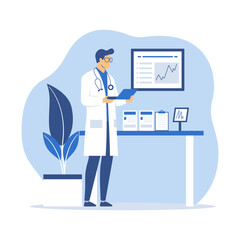 Flat Design Illustration of Male Doctor Analyzing Data with Infographic on Screen