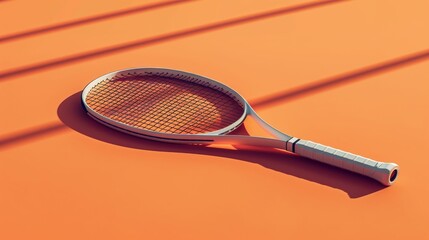 A vibrant tennis racket lies on a bright orange surface, showcasing its modern design and texture under soft shadows.