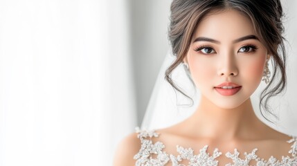 Elegant Southeast Asian bride with soft curls and a beaded wedding dress, posed gracefully against a light background, medium shot capturing her radiance