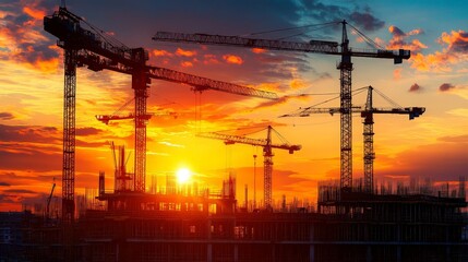 Fototapeta premium A dramatic view of a construction site with cranes silhouetted against a sunset, capturing the scale and industrial nature of large-scale building projects.