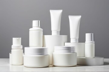 White Cosmetic Bottles and Jars on White Platforms