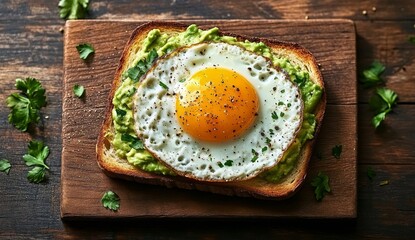 Delicious avocado toast topped with a sunny-side-up egg on a rustic wooden table