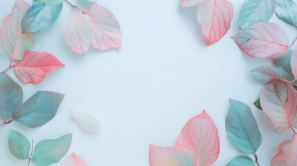 Fototapeta premium GES pastel colored leaves on a light background with copy space for text, in a top view.
