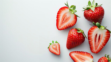 Fresh and vibrant strawberries arranged creatively, showcasing their juicy texture and rich red color against a clean background.