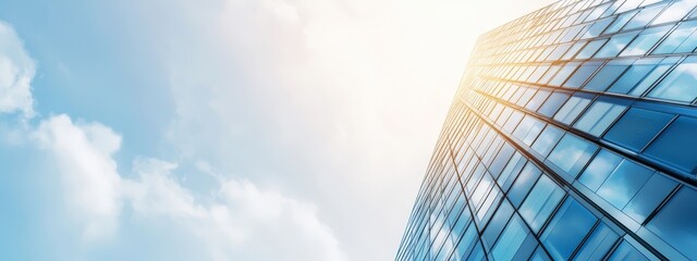  A tall building with numerous windows stands against a blue backdrop, its silhouette contrasting with the mid-blue sky dotted with clouds