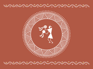 Traditional Indian ornament and kartal player. Sora art of idittals or warli painting.	