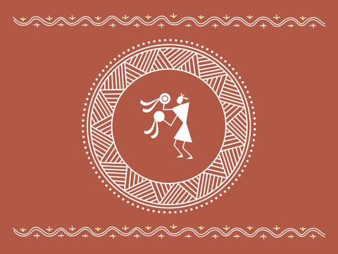 Traditional Indian ornament and kartal player. Sora art of idittals or warli painting.	