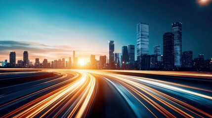 Fototapeta premium POV from a car on a busy urban highway, motion blur of passing vehicles, city skyline in the background, capturing the fast-paced travel